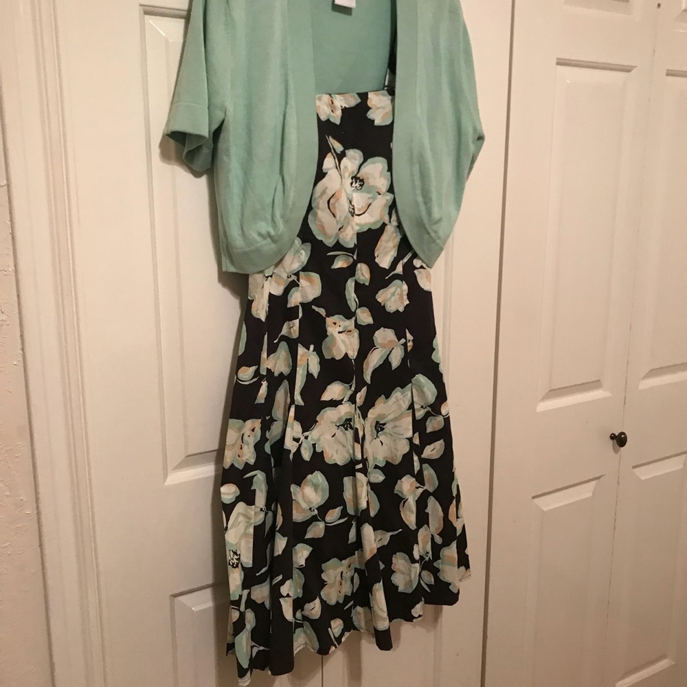 Black floral strap dress/ matching sweater vest